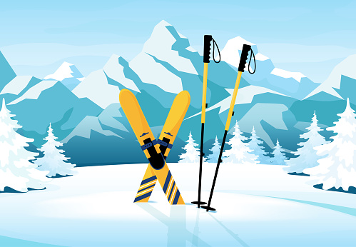 Christmas mountain skiing. Winter extreme sport. Forest travel landscape. Banner for resort. Ski and sticks in snowdrift. Scenic panorama. Snowy peaks. Downhill slope. Vector illustration background