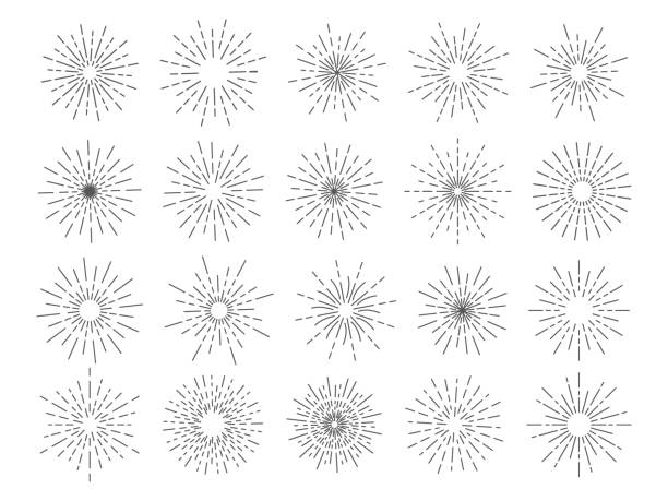 ilustrações, clipart, desenhos animados e ícones de ícone de fogos de artifício. linha de fogos de artifício, luzes e molduras estelares. suspiro moderno do sol do círculo, sunburst elegante ou starburst, decoração antiga de explosão redonda. boom aniversário, vector parabéns design - black pencil flash