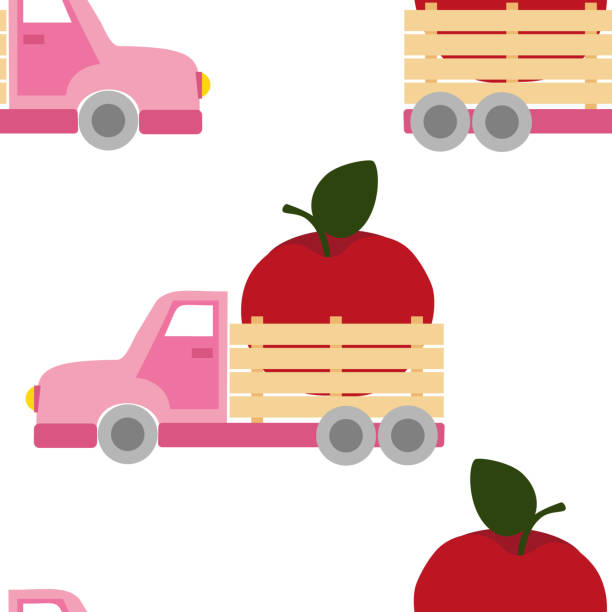 illustrazioni stock, clip art, cartoni animati e icone di tendenza di modello vettoriale senza cuciture con camion rosa con mele rosse in stile cartone animato - pick up truck old car traffic
