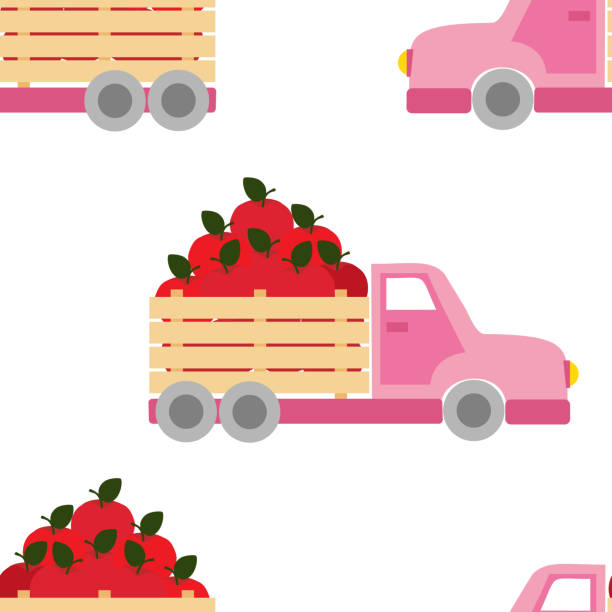 illustrazioni stock, clip art, cartoni animati e icone di tendenza di modello vettoriale senza cuciture con camion rosa con mele rosse in stile cartone animato - pick up truck old car traffic