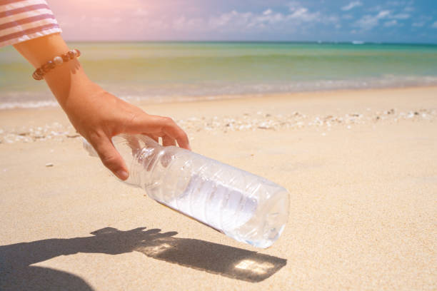 istock Hand pick up empty water bottle or trash at beautiful beach. Environment Global warming issue. 1496652090