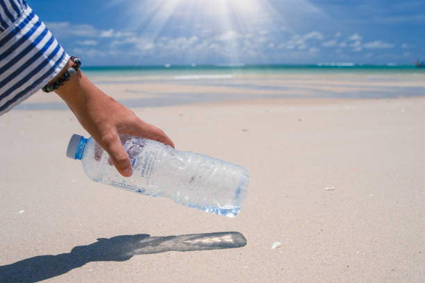 istock Hand pick up empty water bottle or trash at beautiful beach. Environment Global warming issue. 1496652093