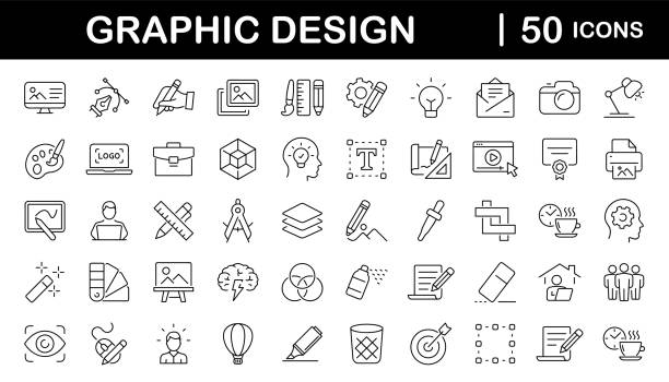 desain grafis set ikon web dalam gaya garis. ikon desain grafis untuk web dan aplikasi seluler. seni digital, kreativitas, alat, menggambar, portofolio, proses kreatif. ilustrasi vektor - alat-kerja-foto ilustrasi stok