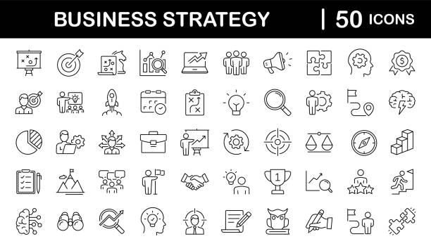 geschäftsstrategie-set von web-icons im linienstil. symbole für geschäftslösungen für web- und mobile apps. aktionsliste, recherche, lösung, team, marketing, startup, werbung, geschäftsprozess, management - business stock-grafiken, -clipart, -cartoons und -symbole