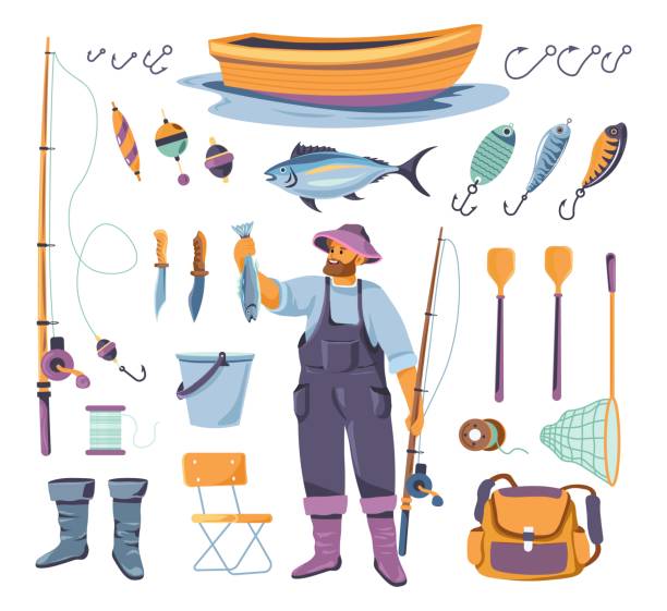 Fisherman tools. Fishing worker equipment, success fishermans tackle angler uniform profession gear fish net boots lure baits boat bucket knife hook, set recent vector illustration Fisherman tools. Fishing worker equipment, success fishermans tackle angler uniform profession gear fish net boots lure baits boat bucket knife hook, set recent vector illustration of fishing fish cartoon fishing hook stock illustrations