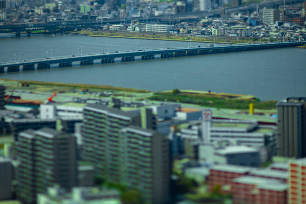 A cityscape near Yodo river in Osaka high angle. High quality photo. Asahi district Osaka Japan 04.09.2023 Here is near the well known river in Osaka.