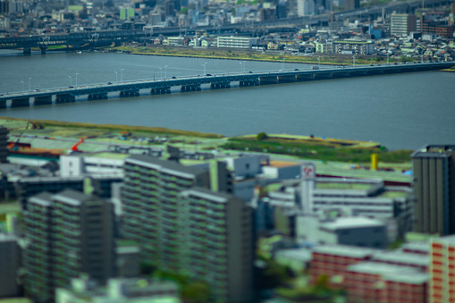 A cityscape near Yodo river in Osaka high angle. High quality photo. Asahi district Osaka Japan 04.09.2023 Here is near the well known river in Osaka.