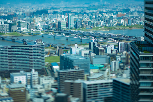 A cityscape near Yodo river in Osaka high angle. High quality photo. Asahi district Osaka Japan 04.09.2023 Here is near the well known river in Osaka.