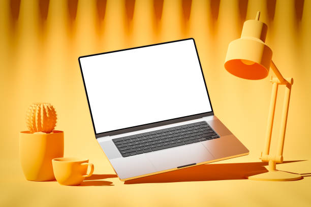 istock Laptop with an empty screen on an abstract background with a coffee cup lamp and a cactus in a pot - monochromatic color scheme 1496666855