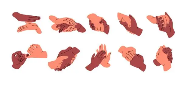 Vector illustration of Two hands holding together, touching with love, support, care. Interracial friendship, trust, partnership, warm relationship concept. Flat graphic vector illustrations isolated on white background