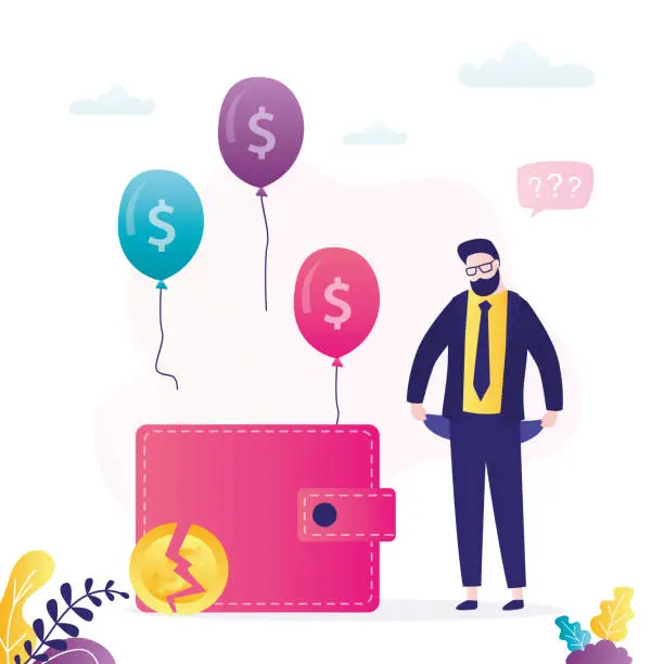 Vector illustration of Bad money management. Unhappy man with empty pockets. Balloons fly out of the wallet. No cash, bankruptcy concept. Poverty, debt to the bank. Financial problems.