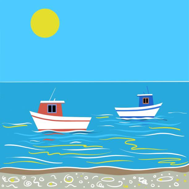 ilustrações, clipart, desenhos animados e ícones de ilustração de barcos de pesca à beira-mar com sol brilhante. - villa summer rock sand