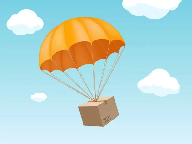 Vector illustration of Cardboard box on a parachute flies in the sky