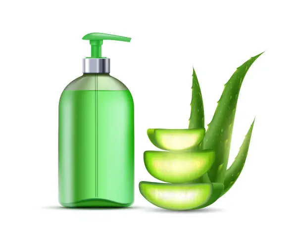 Vector illustration of Bottle of aloe vera soap. Leaves of aloe plant