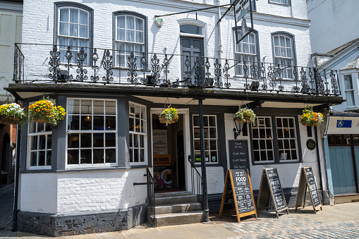 Entrance to The Old Bell pub in Hemel Hempstead in the old town. It dates from the early 18th century and was built on the site of an earlier inn from 1603.