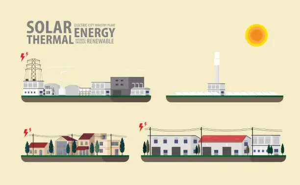 Vector illustration of solar thermal energy, solar thermal power palnt