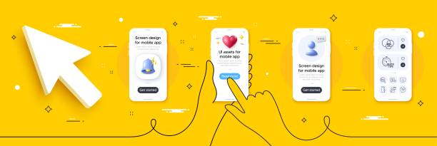 Euler diagram, Quick tips and Wind energy line icons pack. For web app. Phone screen mockup. Vector Euler diagram, Quick tips and Wind energy line icons pack. Phone screen mockup with 3d alert bell, health and headshot. Smile face, Smartphone charging, User notification web icon. Vector heart emoji phone stock illustrations