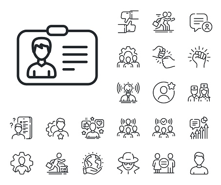 User Profile sign. Specialist, doctor and job competition outline icons. ID card line icon. Male Person silhouette symbol. Identification plastic card. Identification card line sign. Vector