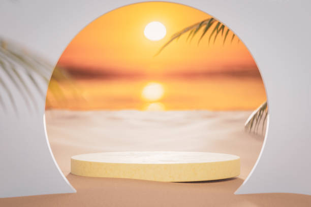 istock 3d podium with copy space for product display presentation on palm beach and sunset sky abstract background. Tropical summer and vacation concept. Graphic art design. 1496684785