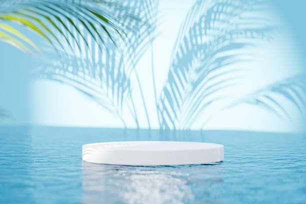 istock 3d podium with copy space for product display presentation on palm beach and blue sky abstract background. Tropical summer and vacation concept. Graphic art design. 1496684869
