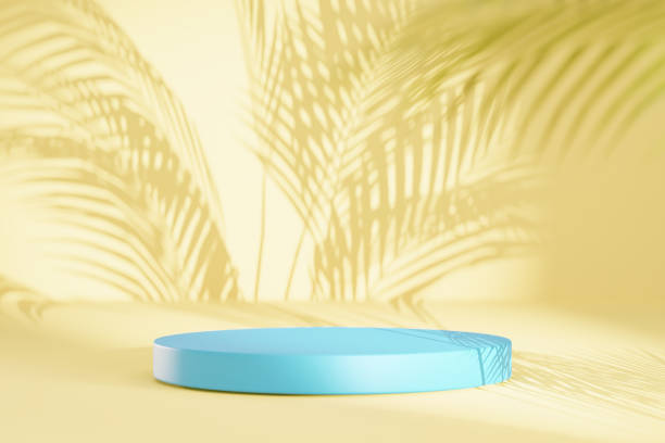 istock 3d podium with palm leaves on yellow abstract background. Copy space for product display presentation. Graphic render art design. 1496684874