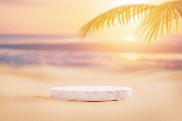 istock 3d podium with copy space for product display presentation on palm beach and sunset sky abstract background. Tropical summer and vacation concept. Graphic art design. 1496684906