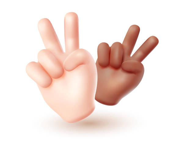 istock Vector illustration of two friend hand gesture sign v on white color background. 3d style emoji design of man black and white skin hand 1496688136