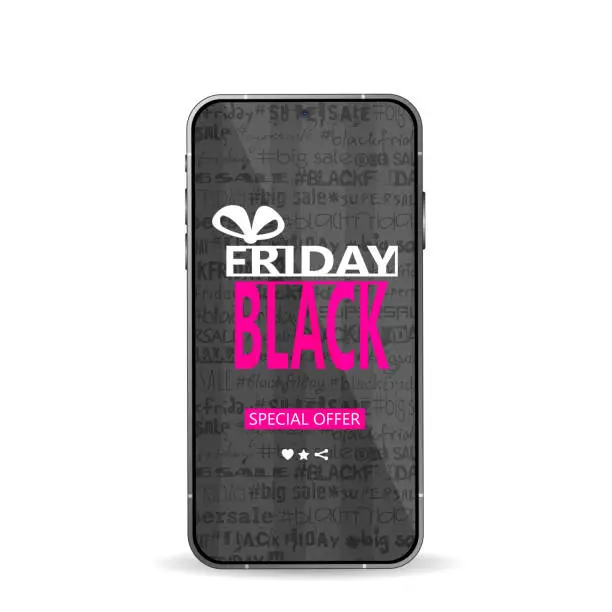 Vector illustration of The concept of seasonal sales and e-commerce in a modern style. Black Friday. Mobile phone with online store app screen on white background. Stylish template for app and online store.