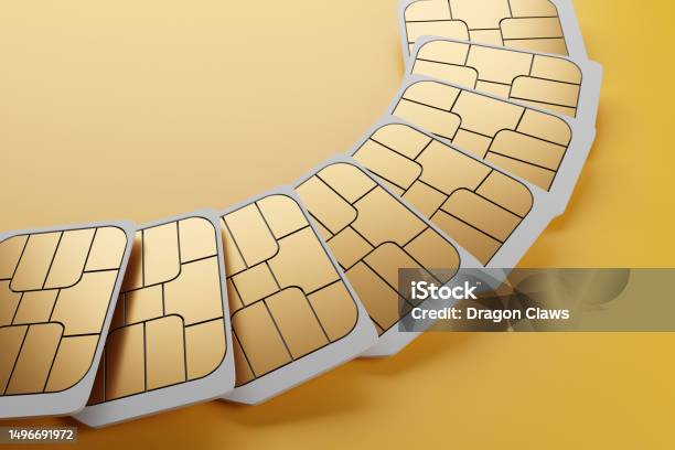 Unbranded White Nano 5g Smartphone Sim Cards Arranged In A Fan Shape On Yellow Background Illustration Of The Concept Of Untraceable Anonymous Sim Cards Prepaid Sim Cards And Telecommunication Stock Photo - Download Image Now