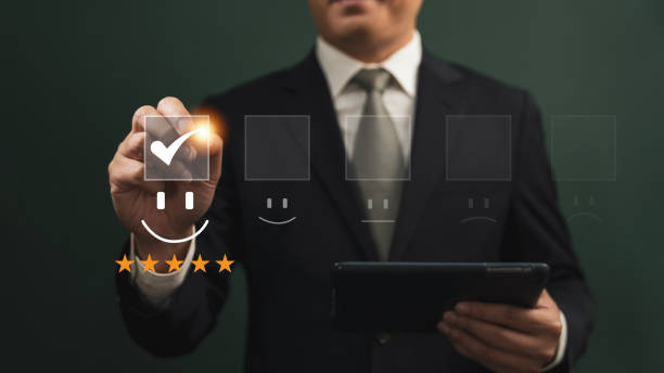 Customers rate service experiences on online applications. customer satisfaction feedback survey concept Clients can evaluate the quality of services that contribute to the reputation of the business.