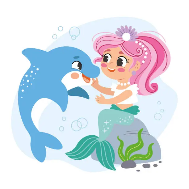 Vector illustration of Cute cartoon pink haired mermaid with a dolphin vector illustration