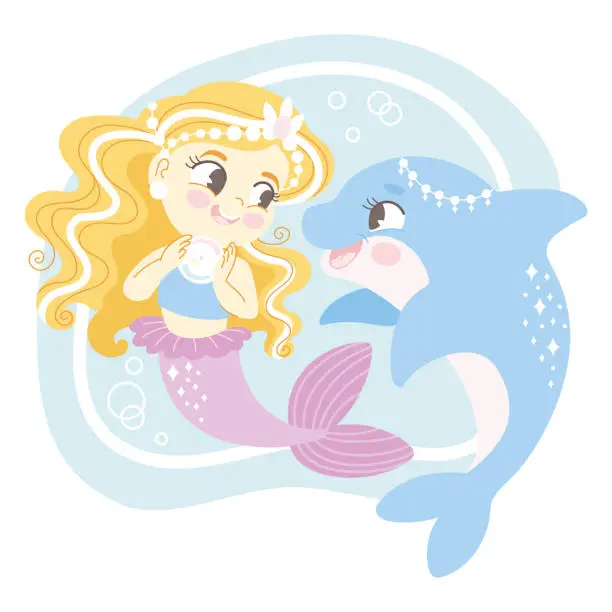 Vector illustration of Cute cartoon blonde haired mermaid with a dolphin vector illustration