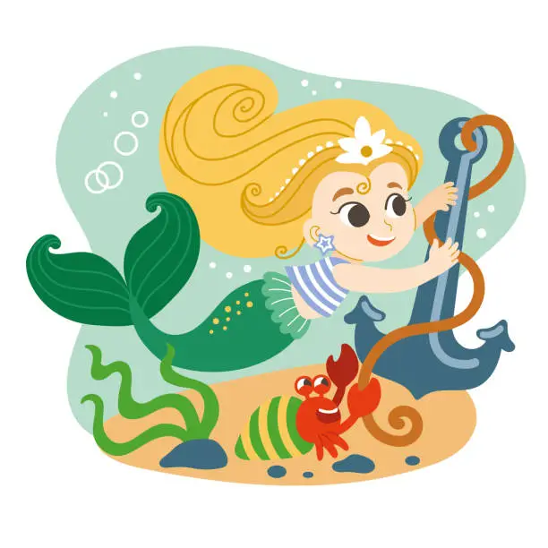 Vector illustration of Cute cartoon blonde haired mermaid with a anchor vector illustration