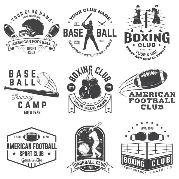 Vector illustration of Set of boxing, american football and baseball club badge. Vector for shirt, logo, print, stamp. Vintage design with boxer, gloves, boxing jump rope, baseball bats, american football sportsman player, helmet, ball and shoulder pads silhouette.