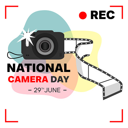 Camera icon illustration template with photo roll. Modern graphics of national event celebrations with technology concepts