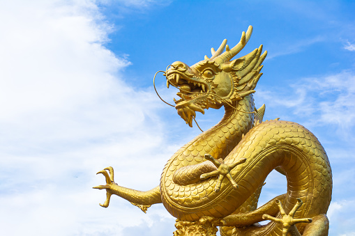 Golden dragon statue with blue sky