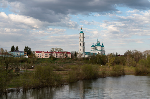 View of the Spassky Cathedral and the city of Yelabuga from the Toima River on a sunny spring day, Yelabuga, Tatarstan, Russia
