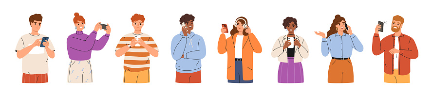 People use smartphones, chatting, making selfie, surfing internet and listening music. Men and women talking and typing on phone. Happy young girls and boys characters collection. Flat illustration.