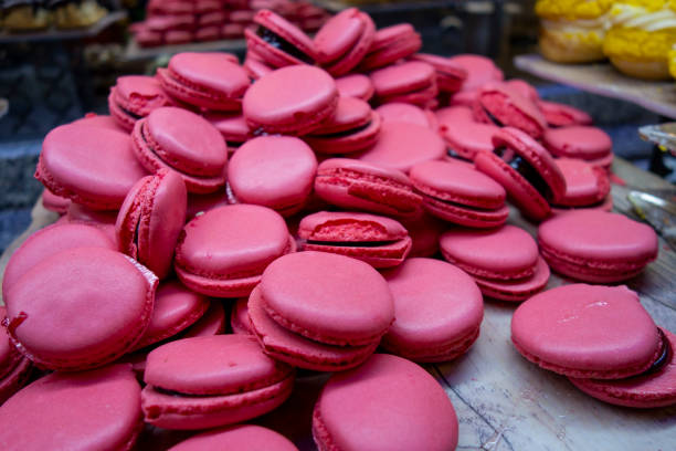 French macaron Strawberry flavor In a baker