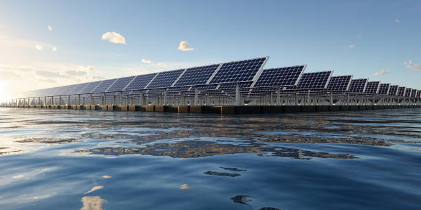 istock 3d rendering of floating solar, floatovoltaics or solar farm on water with sky background. 1496716088