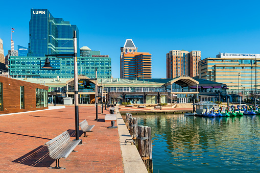 Inner Harbor promenade in downtown Baltimore, Maryland, USA.