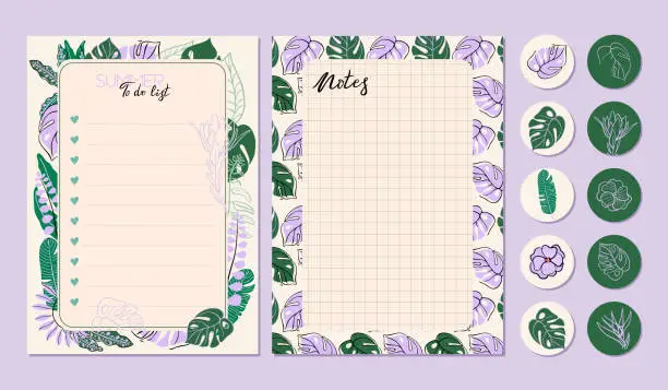 Vector illustration of Stationery set decorated with tropical plant elements