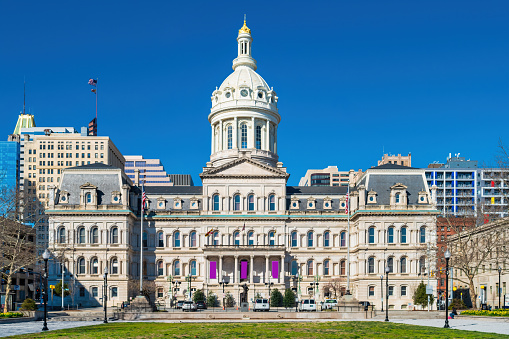 Baltimore City Hall building in downtown Baltimore, Maryland, USA.