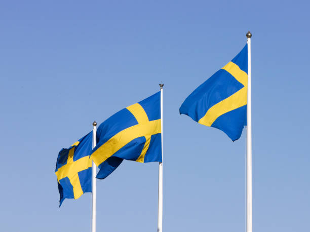 istock Low angle view of flags against clear blue sky 1496719633