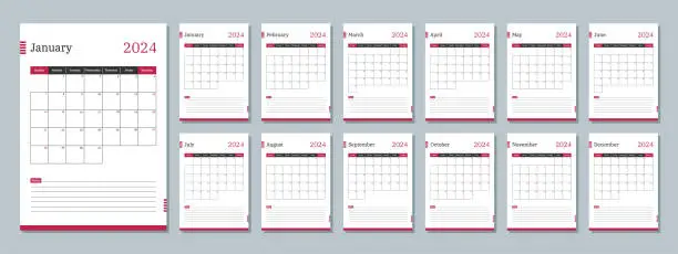 Vector illustration of 2024 calendar template. Corporate and business planner diary. The week starts on Sunday. Set of 12 months 2024 pages.