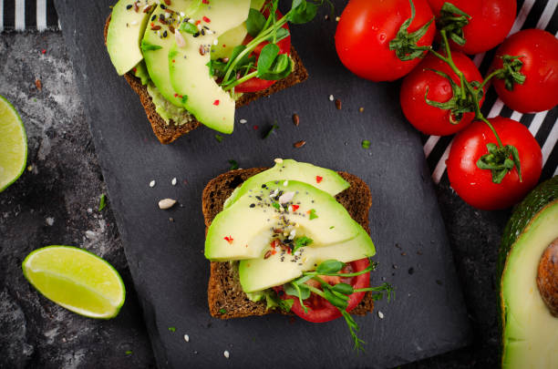 istock Avocado Toasts with Tomato, Healthy Snack or Breakfast on Dark Background 1496719741