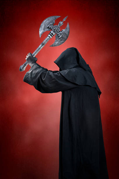 istock Dark knight with double headed battle axe over dark red misty background 1496719895