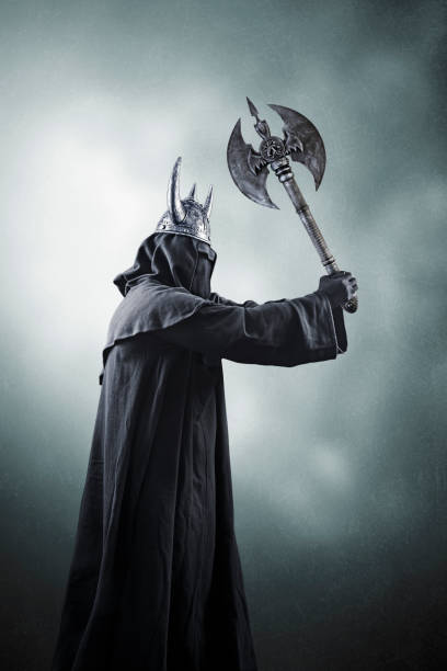 istock Warrior with horned helmet, double headed battle axe and round shield in the dark 1496720071