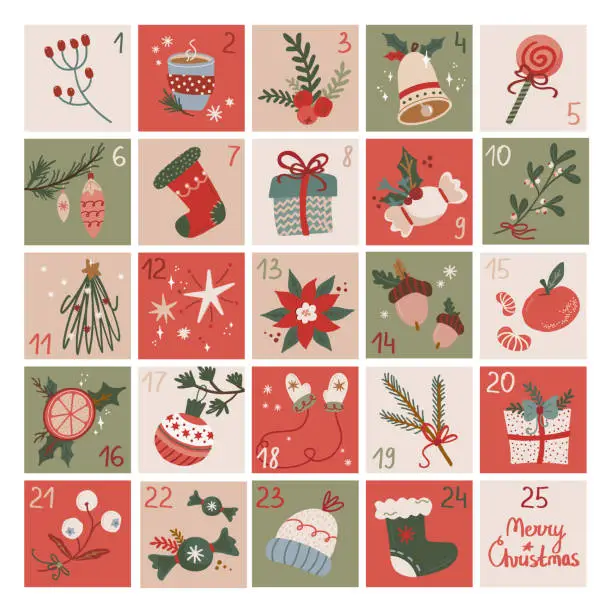 Vector illustration of Retro Christmas advent calendar with numbers. Vector design in vintage style