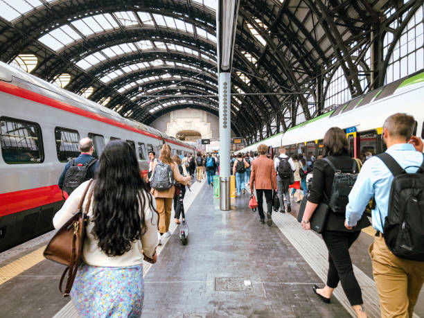 Milan train station, with arched architectural roofs